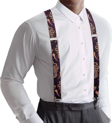 Barry.Wang Men's Suspender Elastic X Back Tie Sets 1.38" 4 Heavy Duty Clips Adjustable Armband Brooch Wedding Party in Saudi Arabia