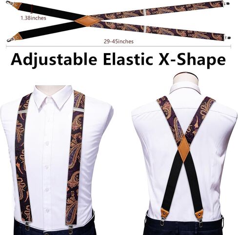 Barry.Wang Men's Suspender Elastic X Back Tie Sets 1.38" 4 Heavy Duty Clips Adjustable Armband Brooch Wedding Party in Saudi Arabia