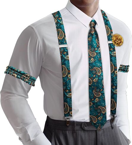 Barry.Wang Men's Suspender Elastic X Back Tie Sets 1.38" 4 Heavy Duty Clips Adjustable Armband Brooch Wedding Party in Saudi Arabia