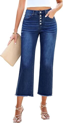 GRAPENT Capri Jeans for Women Trendy High Waisted Wide Leg Flare Button Fly Stretchy Denim Pants Raw Hem Cropped Jeans in Saudi Arabia