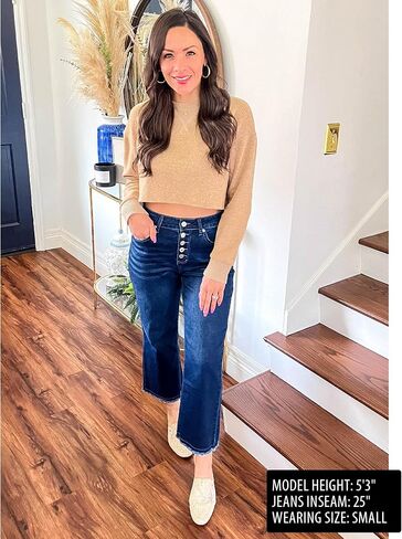 GRAPENT Capri Jeans for Women Trendy High Waisted Wide Leg Flare Button Fly Stretchy Denim Pants Raw Hem Cropped Jeans in Saudi Arabia