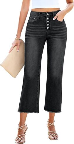 GRAPENT Capri Jeans for Women Trendy High Waisted Wide Leg Flare Button Fly Stretchy Denim Pants Raw Hem Cropped Jeans in Saudi Arabia