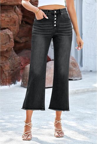 GRAPENT Capri Jeans for Women Trendy High Waisted Wide Leg Flare Button Fly Stretchy Denim Pants Raw Hem Cropped Jeans in Saudi Arabia