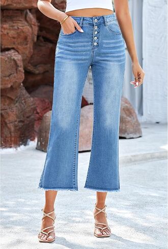 GRAPENT Capri Jeans for Women Trendy High Waisted Wide Leg Flare Button Fly Stretchy Denim Pants Raw Hem Cropped Jeans in Kuwait