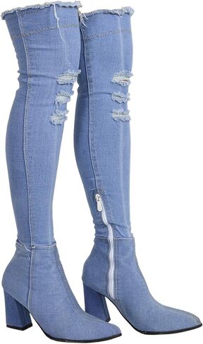Thigh High Denim Heeled Boots - Block heels – Ripped in Saudi Arabia