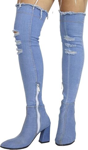 Thigh High Denim Heeled Boots - Block heels – Ripped in Saudi Arabia