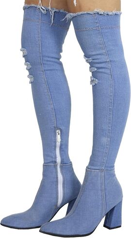 Thigh High Denim Heeled Boots - Block heels – Ripped in Saudi Arabia