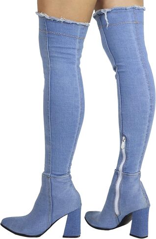 Thigh High Denim Heeled Boots - Block heels – Ripped in Saudi Arabia