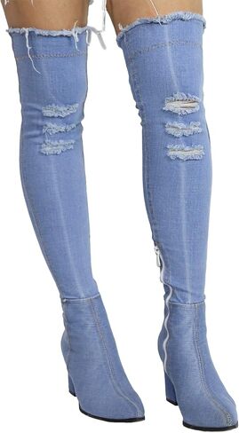 Thigh High Denim Heeled Boots - Block heels – Ripped in Saudi Arabia