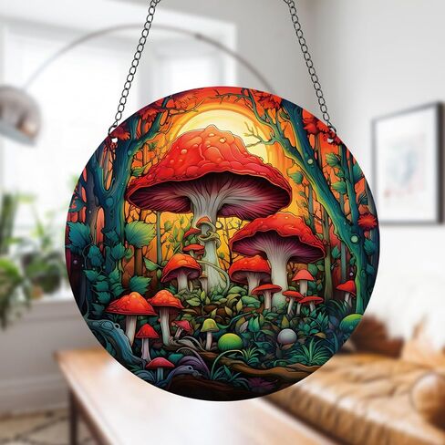 Generic 11.8 Inches Red Mushrooms Acrylic Window Hanging Decor Stained Glass Panels Forest Plants Wall Art Mural Suncatcher for Bedroom Garden Wall Decoration Gift for Mom Grandma Teacher in Saudi Arabia