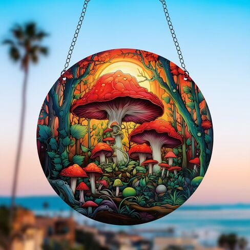 Generic 11.8 Inches Red Mushrooms Acrylic Window Hanging Decor Stained Glass Panels Forest Plants Wall Art Mural Suncatcher for Bedroom Garden Wall Decoration Gift for Mom Grandma Teacher in Saudi Arabia