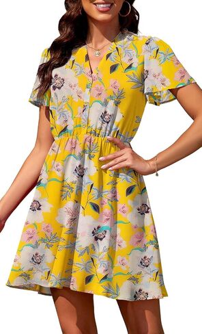 Summer Dress for Women 2024 Casual V Neck Short Sleeves Floral Chiffon Mini Dresses in Saudi Arabia