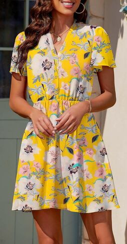 Summer Dress for Women 2024 Casual V Neck Short Sleeves Floral Chiffon Mini Dresses in Saudi Arabia
