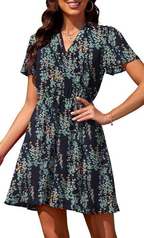 Summer Dress for Women 2024 Casual V Neck Short Sleeves Floral Chiffon Mini Dresses in Saudi Arabia