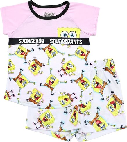 بيجامة سبونج بوب سكوير بانتس قطعتين بأكمام قصيرة وشورت للبنات، وردي، مقاس صغير in Kuwait