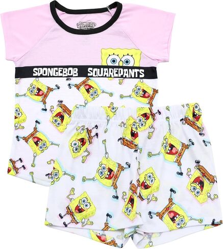 بيجامة سبونج بوب سكوير بانتس قطعتين بأكمام قصيرة وشورت للبنات، وردي، مقاس صغير in Kuwait