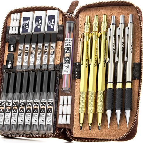 Nicpro 29PCS Art Mechanical Pencil Set in Leather Case, Metal Drafting Pencil 0.5, 0.7, 0.9 mm & 2mm Lead Holders for Sketching Drawing With 15 Tube (4B 2B HB 2H 4H Colored) Lead Refills in Kuwait
