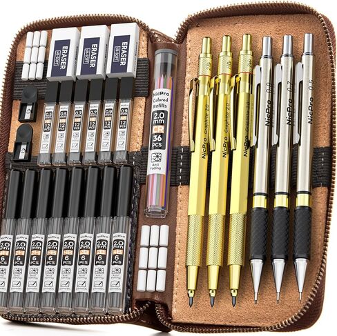 Nicpro 29PCS Art Mechanical Pencil Set in Leather Case, Metal Drafting Pencil 0.5, 0.7, 0.9 mm & 2mm Lead Holders for Sketching Drawing With 15 Tube (4B 2B HB 2H 4H Colored) Lead Refills in Kuwait
