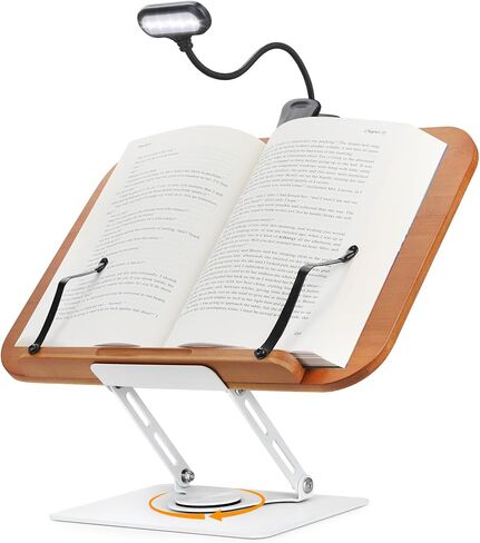 Book Stand for Reading Book Holder Hands Free, Adjustable Book Holder with Book Light 360° Rotating Base, Foldable Desktop Stand Cookbook Stand for Recipe, Sheet Music, Laptop in Saudi Arabia