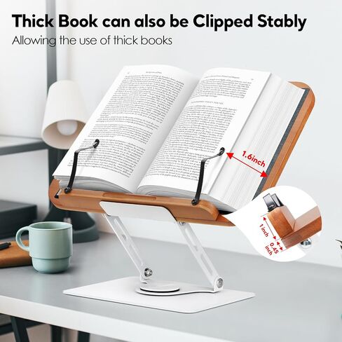 Book Stand for Reading Book Holder Hands Free, Adjustable Book Holder with Book Light 360° Rotating Base, Foldable Desktop Stand Cookbook Stand for Recipe, Sheet Music, Laptop in Saudi Arabia