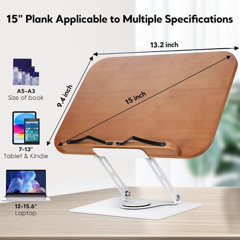 Book Stand for Reading Book Holder Hands Free, Adjustable Book Holder with Book Light 360° Rotating Base, Foldable Desktop Stand Cookbook Stand for Recipe, Sheet Music, Laptop in Saudi Arabia