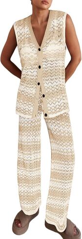 Imily Bela Womens Knit 2 Piece Sets Summer Outfits Sleeveless Vest Tops Wide Leg Pants Striped Loungewear Set in Saudi Arabia