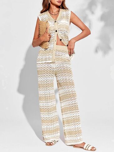 Imily Bela Womens Knit 2 Piece Sets Summer Outfits Sleeveless Vest Tops Wide Leg Pants Striped Loungewear Set in Saudi Arabia