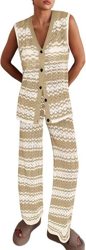 Imily Bela Womens Knit 2 Piece Sets Summer Outfits Sleeveless Vest Tops Wide Leg Pants Striped Loungewear Set in Saudi Arabia