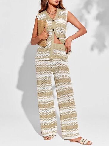 Imily Bela Womens Knit 2 Piece Sets Summer Outfits Sleeveless Vest Tops Wide Leg Pants Striped Loungewear Set in Saudi Arabia