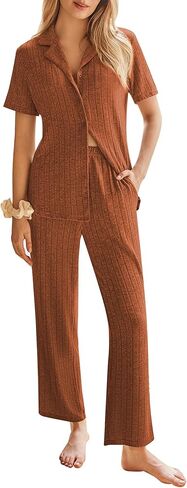 Ekouaer Womens Rib Knit Pajamas Button Up Lounge Sets Short Sleeve Top and Long Pants Matching Pjs Sleepwear Loungewear in Saudi Arabia