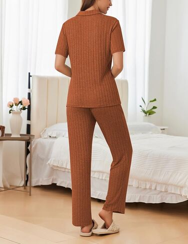 Ekouaer Womens Rib Knit Pajamas Button Up Lounge Sets Short Sleeve Top and Long Pants Matching Pjs Sleepwear Loungewear in Saudi Arabia