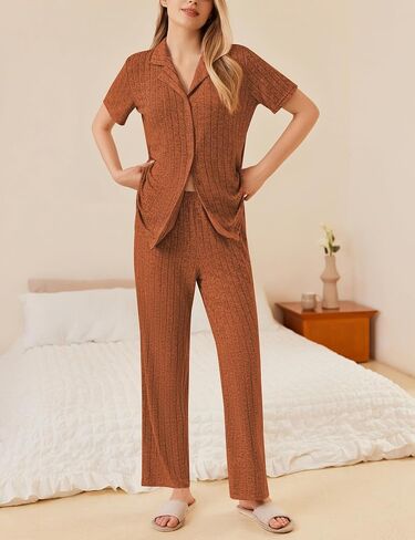Ekouaer Womens Rib Knit Pajamas Button Up Lounge Sets Short Sleeve Top and Long Pants Matching Pjs Sleepwear Loungewear in Saudi Arabia