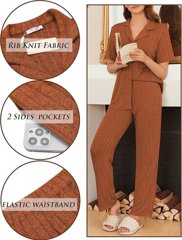 Ekouaer Womens Rib Knit Pajamas Button Up Lounge Sets Short Sleeve Top and Long Pants Matching Pjs Sleepwear Loungewear in Saudi Arabia