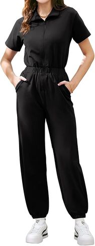 MIHOLL Women's Jumpsuits Short Sleeve Zip Up Elastic Waist Solid Color One Piece Athleisure Romper with Pockets in Saudi Arabia