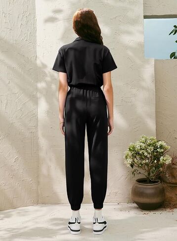 MIHOLL Women's Jumpsuits Short Sleeve Zip Up Elastic Waist Solid Color One Piece Athleisure Romper with Pockets in Saudi Arabia
