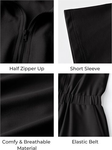 MIHOLL Women's Jumpsuits Short Sleeve Zip Up Elastic Waist Solid Color One Piece Athleisure Romper with Pockets in Saudi Arabia