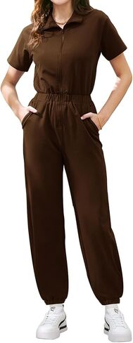 MIHOLL Women's Jumpsuits Short Sleeve Zip Up Elastic Waist Solid Color One Piece Athleisure Romper with Pockets in Saudi Arabia
