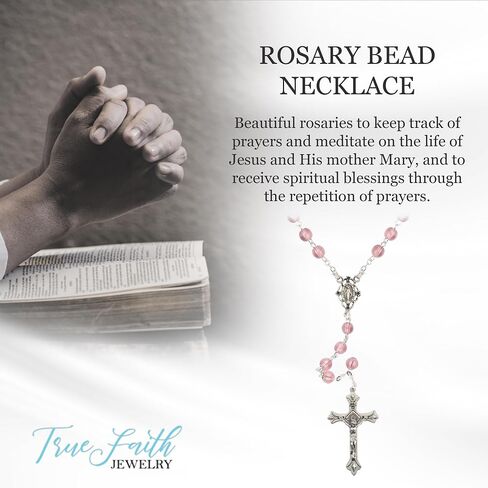 TrueFaithJewelry 6mm Round Crystal Glass Holy Rosary Prayer Beads Necklace with Jesus Crucifix Cross and Our Lady Of Grace Miraculous Virgin Mary, for Women and Men, 17.5-Inch, Multiple Bead Colors in Saudi Arabia