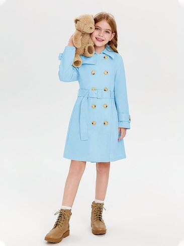 Haloumoning Girls Double Breasted Trench Coat Kids Lapel Belted Outerwear Jackets with Pockets 5-14 Years in Saudi Arabia