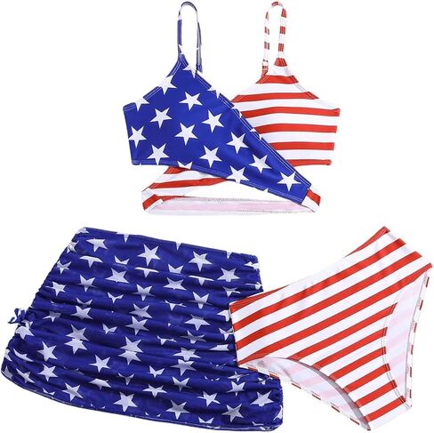 GORGLITTER Girl's 3 Piece Bikini Set Flag Print Swimsuit with Cover Up Mini Skirt High Waisted Bathing Set in Saudi Arabia