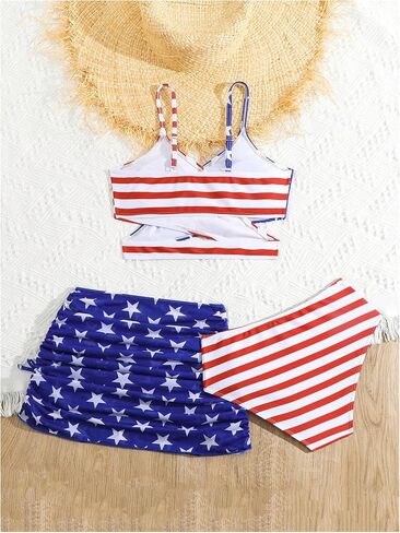 GORGLITTER Girl's 3 Piece Bikini Set Flag Print Swimsuit with Cover Up Mini Skirt High Waisted Bathing Set in Saudi Arabia