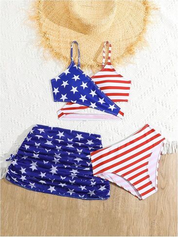 GORGLITTER Girl's 3 Piece Bikini Set Flag Print Swimsuit with Cover Up Mini Skirt High Waisted Bathing Set in Saudi Arabia