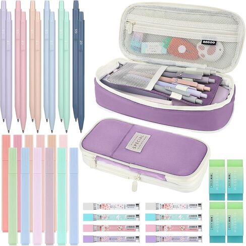 Teling 37 Pcs Aesthetic School Supplies includes Cute Pencil Case 12 Pcs 0.5 Mm/ 0.7 mm Mechanical Pencil 4 Pcs Erasers 8 Tubes Pencil Refills 12 Pcs Cute Highlighters for Girls School (Dark Blue) in Kuwait