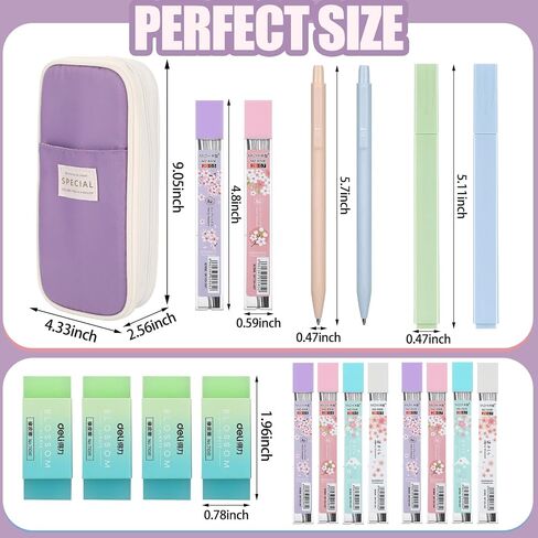 Teling 37 Pcs Aesthetic School Supplies includes Cute Pencil Case 12 Pcs 0.5 Mm/ 0.7 mm Mechanical Pencil 4 Pcs Erasers 8 Tubes Pencil Refills 12 Pcs Cute Highlighters for Girls School (Dark Blue) in Kuwait