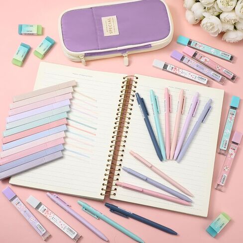 Teling 37 Pcs Aesthetic School Supplies includes Cute Pencil Case 12 Pcs 0.5 Mm/ 0.7 mm Mechanical Pencil 4 Pcs Erasers 8 Tubes Pencil Refills 12 Pcs Cute Highlighters for Girls School (Dark Blue) in Kuwait