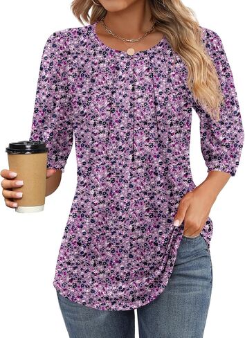 Womens 3/4 Puff Sleeve Pleated Tops Crew Neck Floral Tunic Blouses Dressy Casual T Shirts in Saudi Arabia