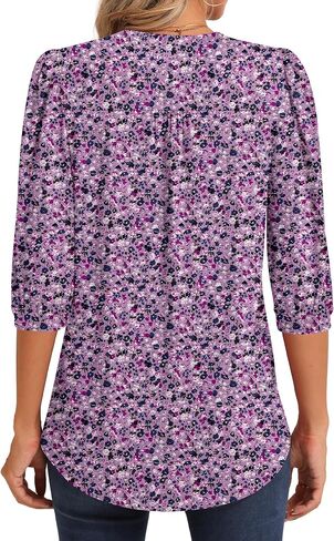 Womens 3/4 Puff Sleeve Pleated Tops Crew Neck Floral Tunic Blouses Dressy Casual T Shirts in Saudi Arabia