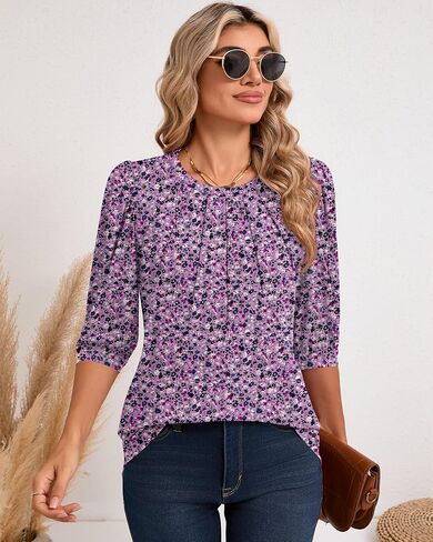 Womens 3/4 Puff Sleeve Pleated Tops Crew Neck Floral Tunic Blouses Dressy Casual T Shirts in Saudi Arabia