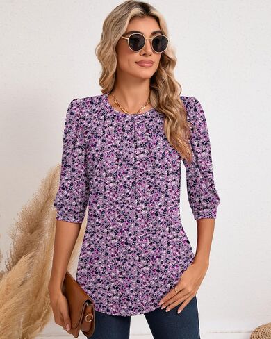 Womens 3/4 Puff Sleeve Pleated Tops Crew Neck Floral Tunic Blouses Dressy Casual T Shirts in Saudi Arabia