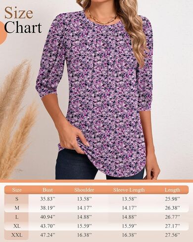 Womens 3/4 Puff Sleeve Pleated Tops Crew Neck Floral Tunic Blouses Dressy Casual T Shirts in Saudi Arabia